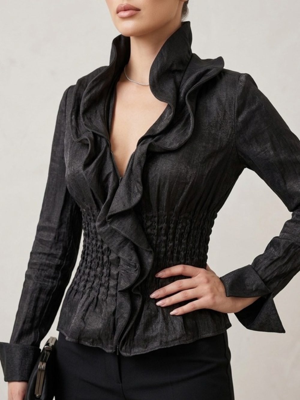 SAMUEL DONG Black Wired Ruffle Collar Smocked Waist Jacket